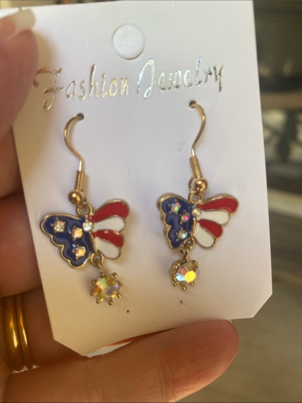 Fashion Jewelry Red, White & Blue Butterfly Dangle Earrings with Crystal Drop